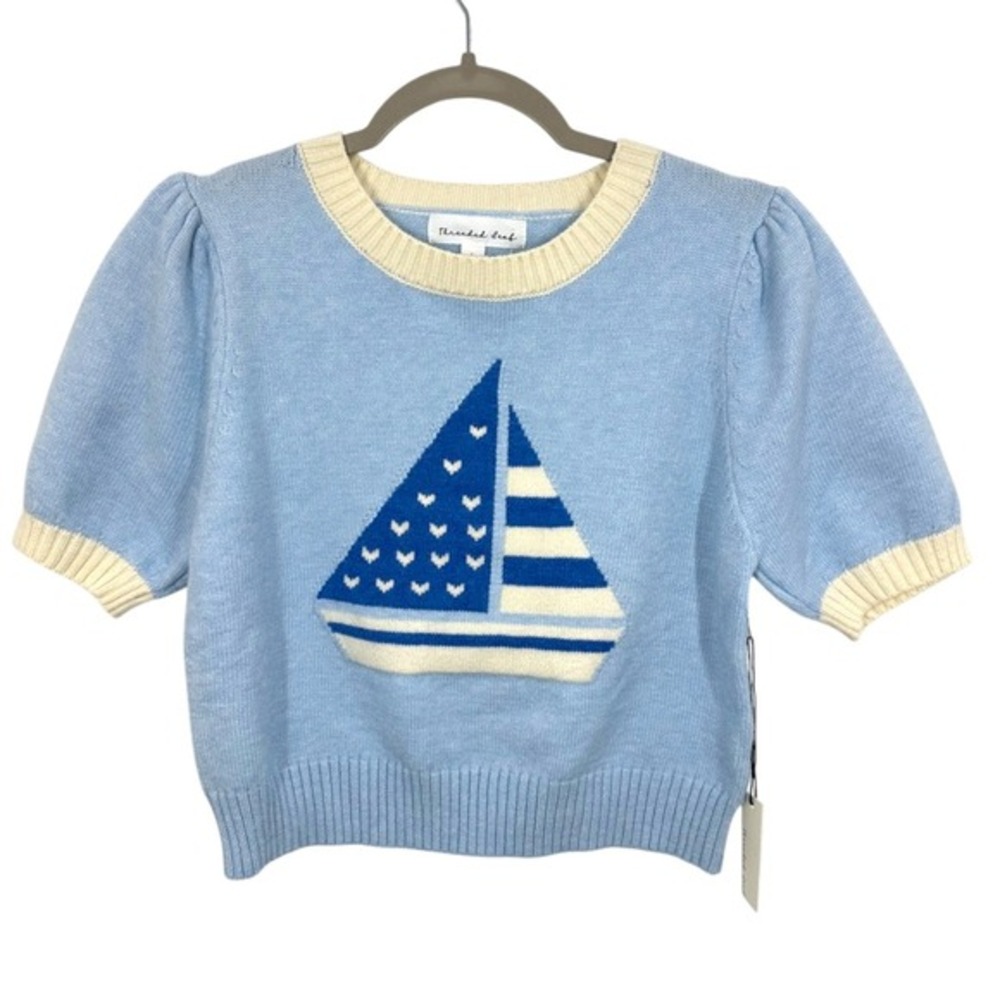 Threaded Leaf Women's Cropped Knit Sweater Blue Sailboat Puff Sleeve Sweater NWT